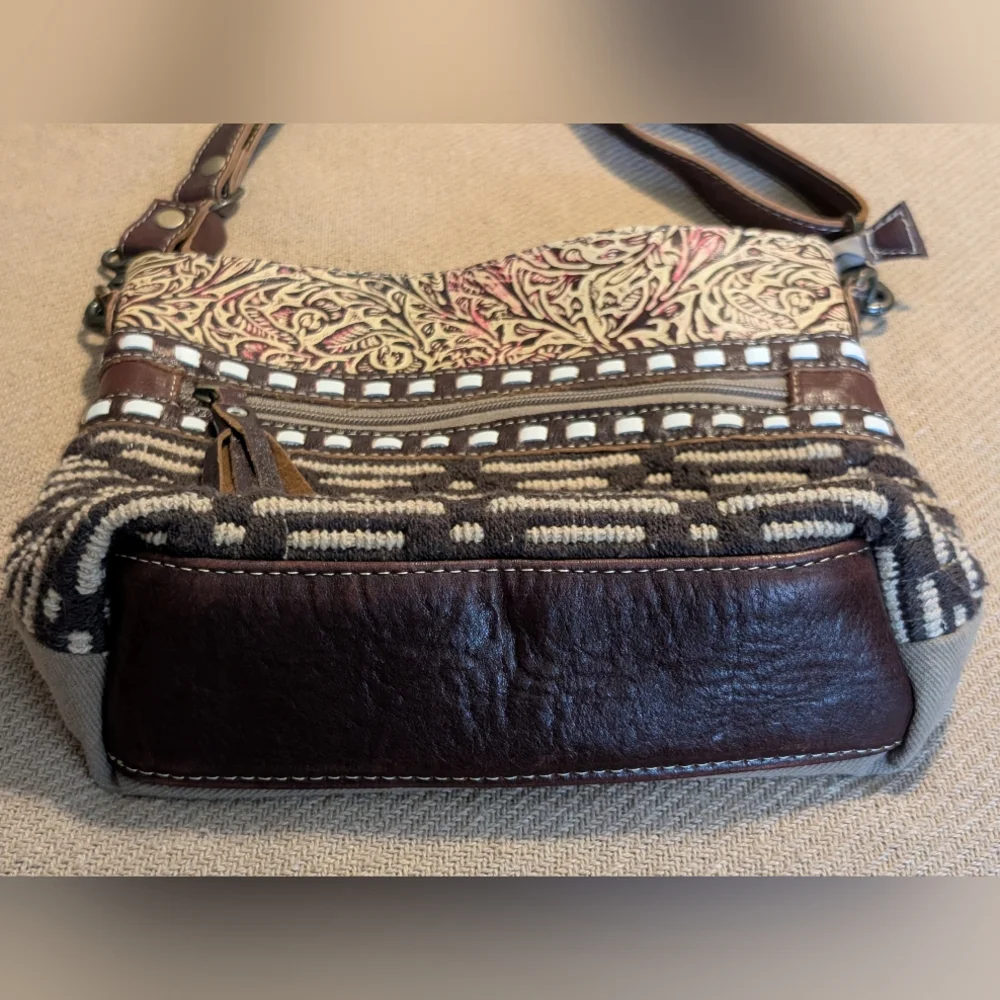 Myra Bag Boho Cotton Carve Leather Crossbody Purse Bag
